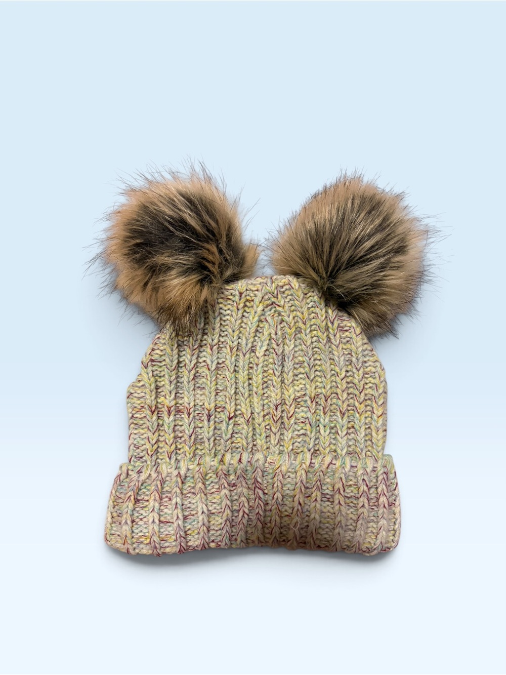 Double Pom Knit Beanie Hat - Cream Multi
